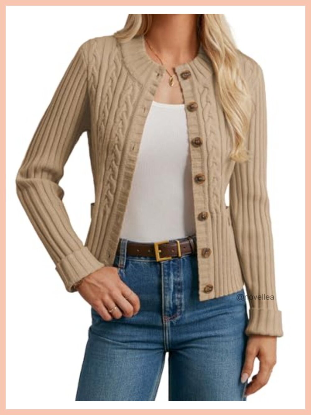 Women's Cable Knit Button Up Cropped Cardigan Chunky Long Sleeve Sweater